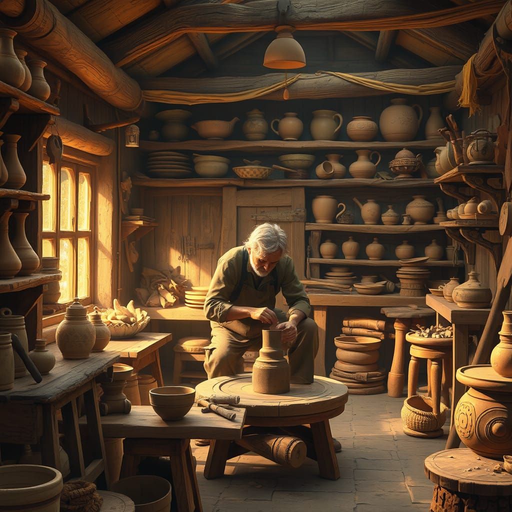 Warm Workshop Scene: Craftsman in Golden-Lit Studio with Han...