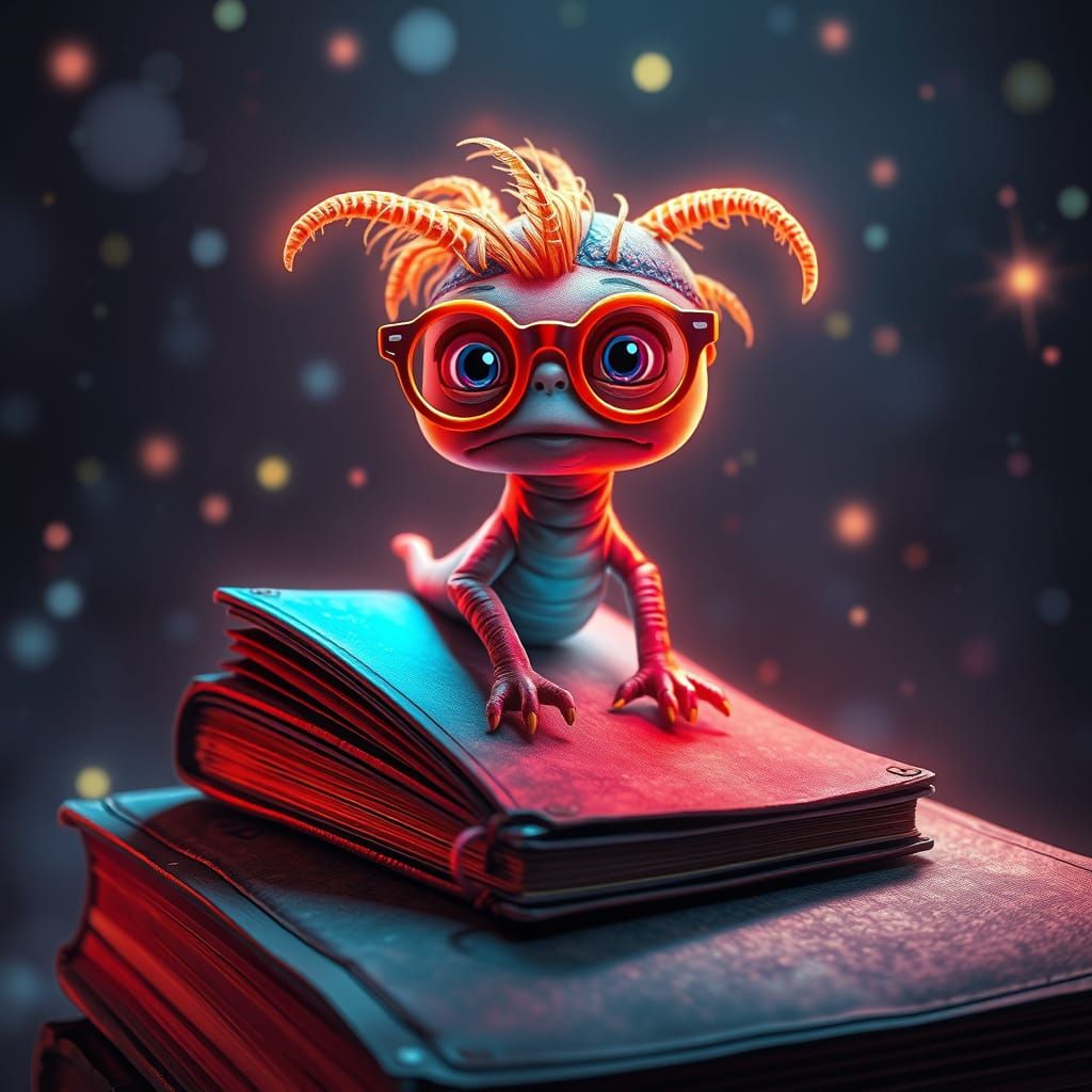 Bookworm in Glasses with Neon Futuristic Glow