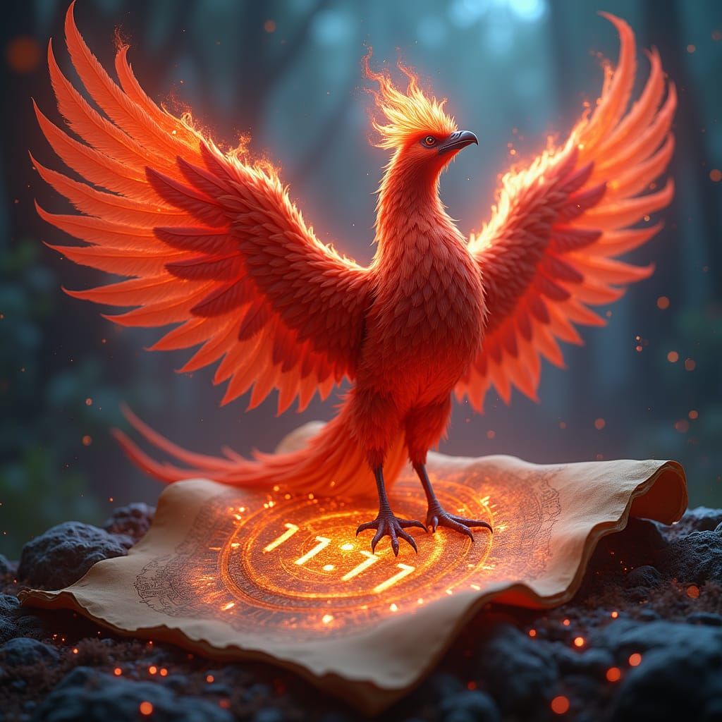 Majestic Fire Phoenix on Astrology Scroll