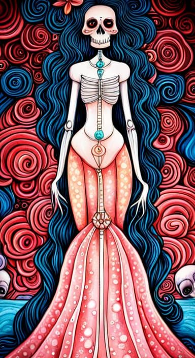 Blue-Skinned Woman with Skull and Flowers, Watercolor Style