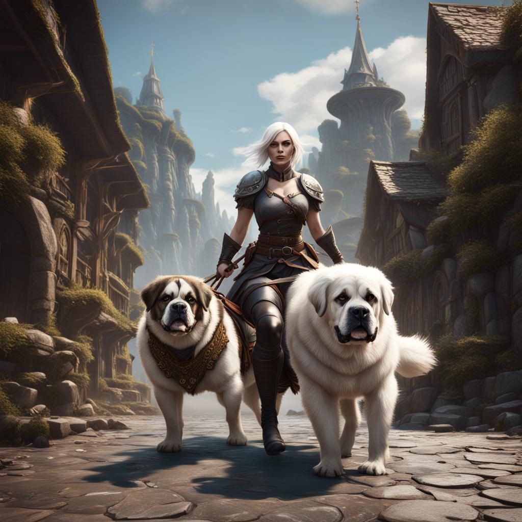 Woman with White Hair Rides Saint Bernard