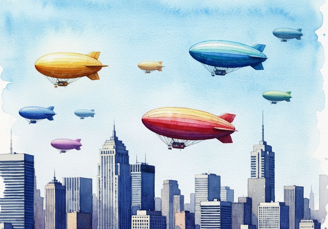 Watercolor Blimps Over City Skyline