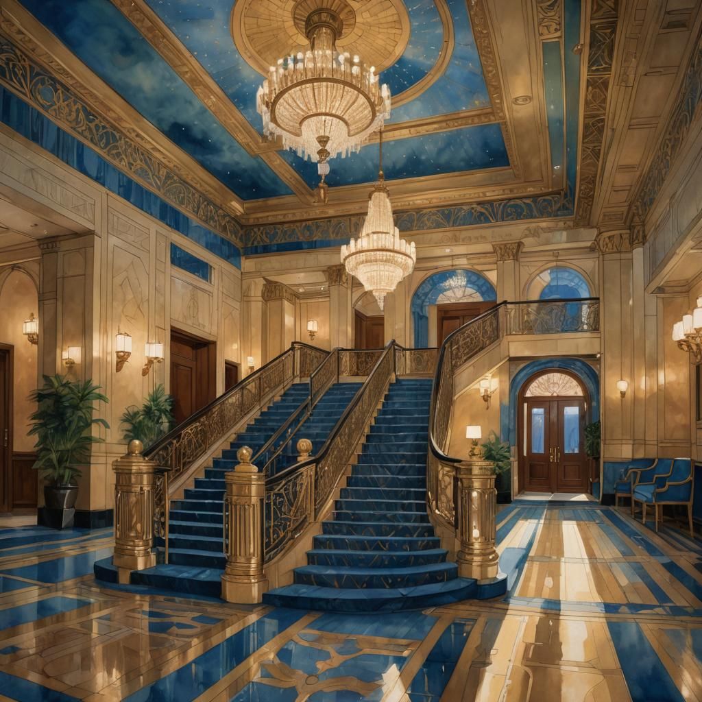 Opulent Art Deco Hotel Lobby at Dusk
