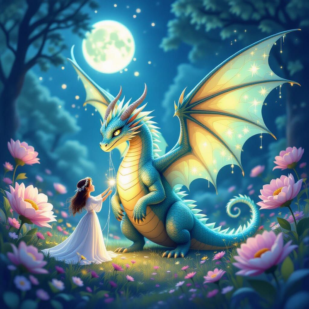 Sprites Repair Dragon Wings in Magical Moonlit Glade