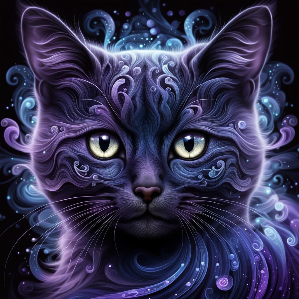 Dreamlike Fractal Art: Ghostly Cat with Swirling Patterns