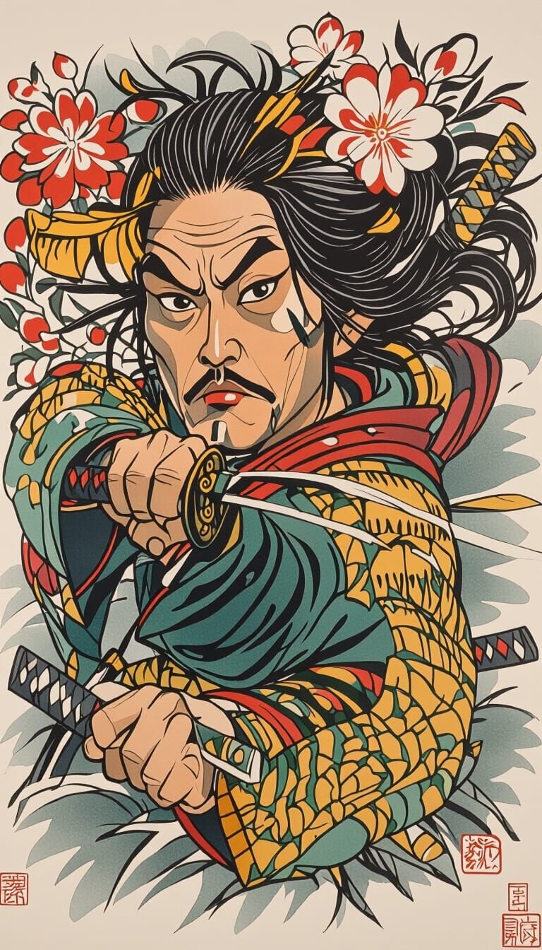 Samurai Warrior in Neo Traditional Japanese Tattoo Style