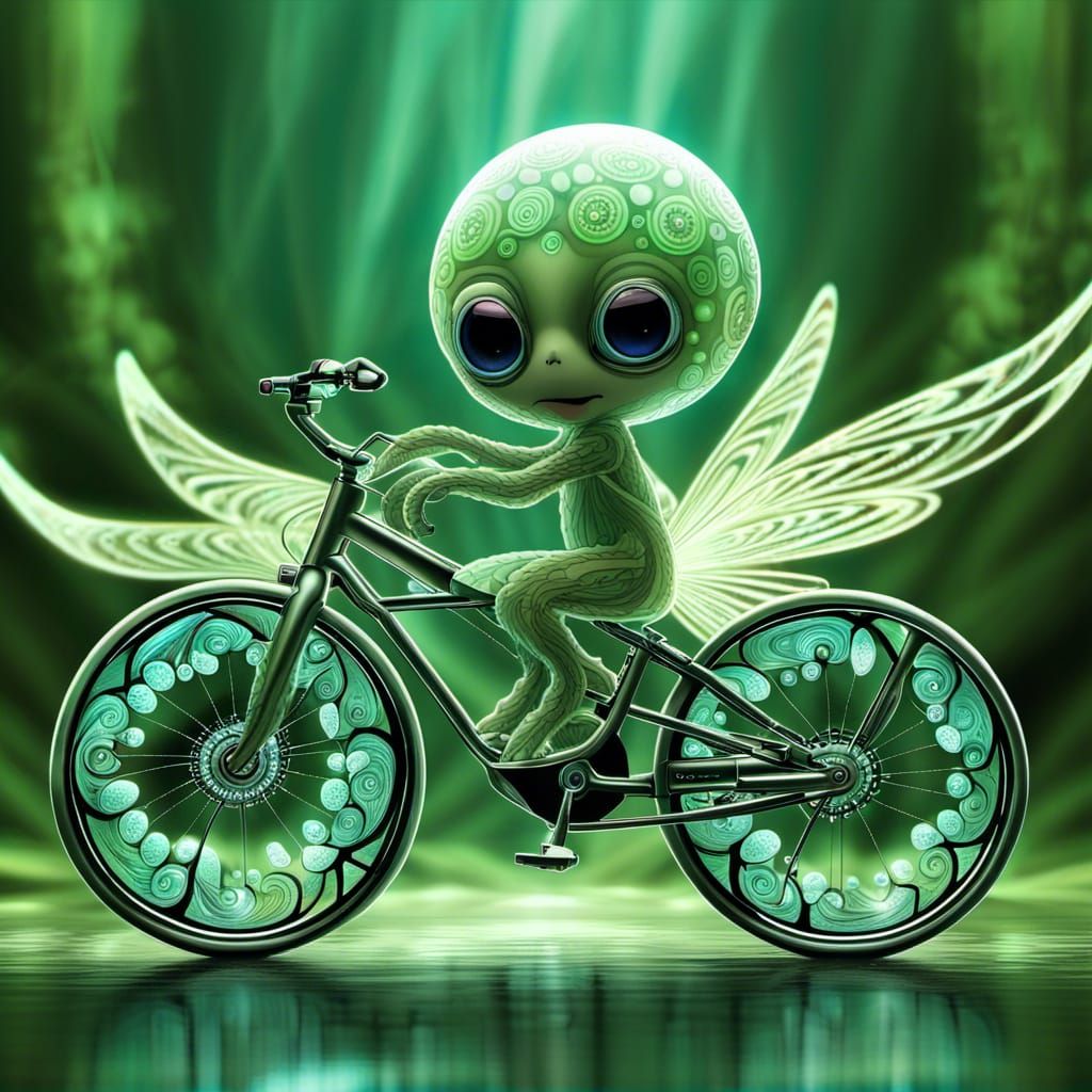Alien Rides E-Bike Through Fractal Forest