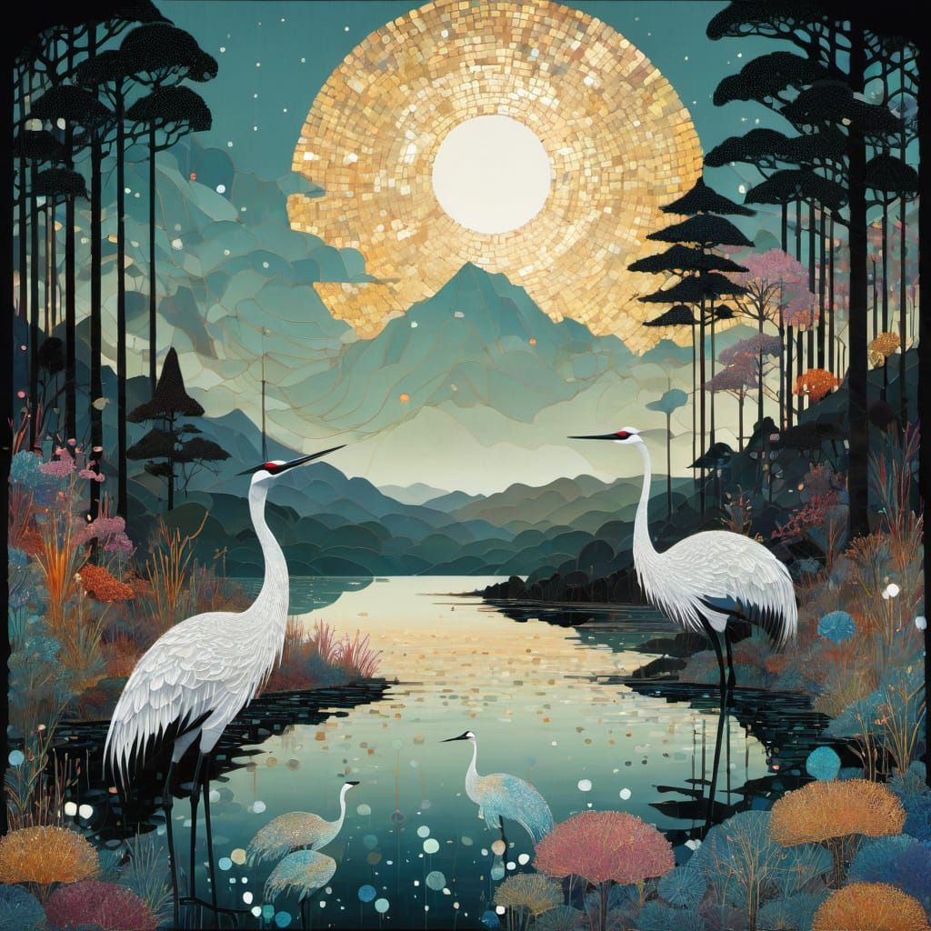 Sequin Fabric Landscape with Cranes