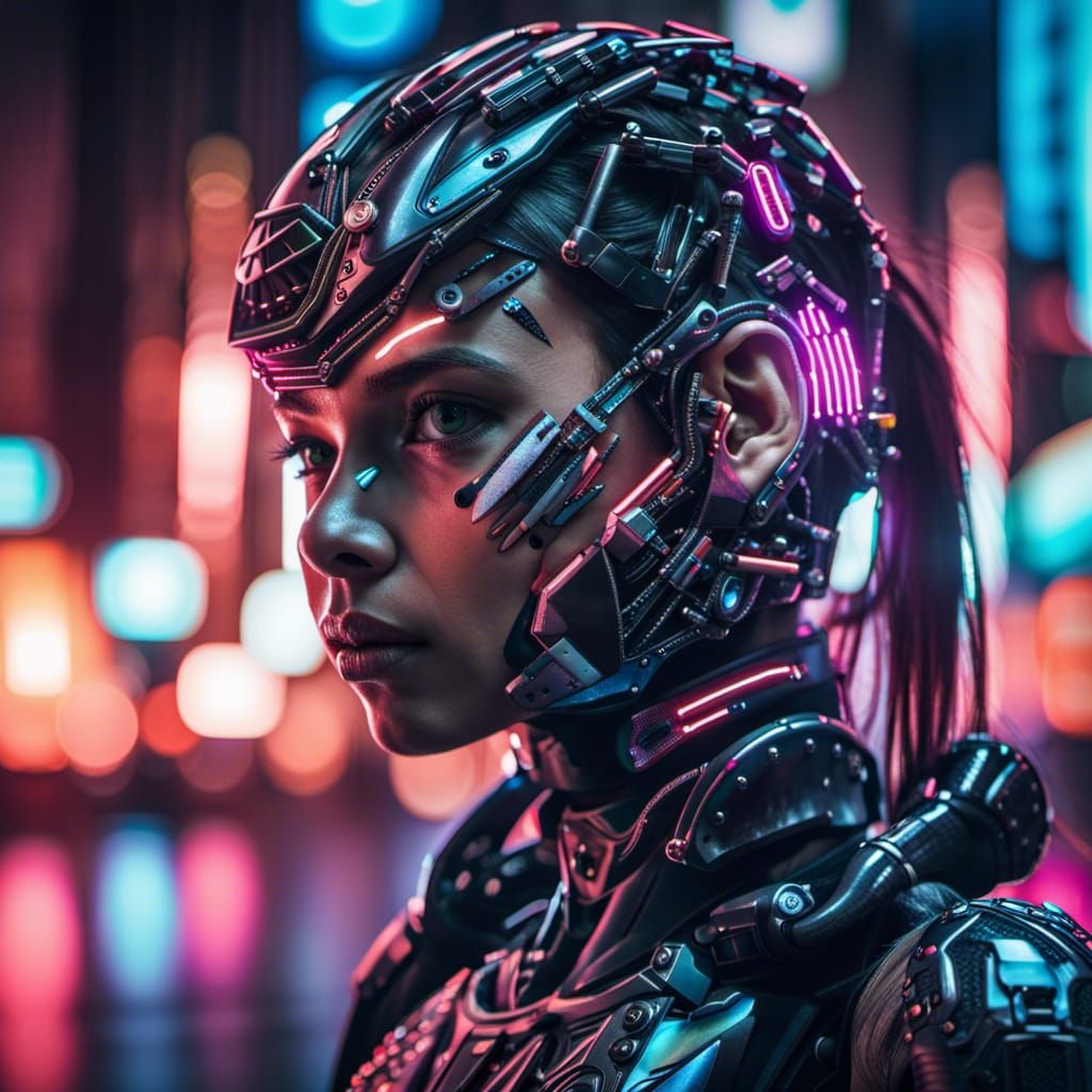 Cyborg Girl in Neon City Portrait