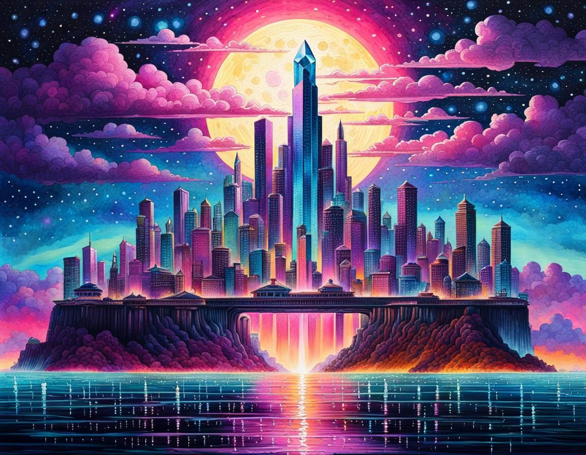 Surreal Crystal City Under Starry Sky