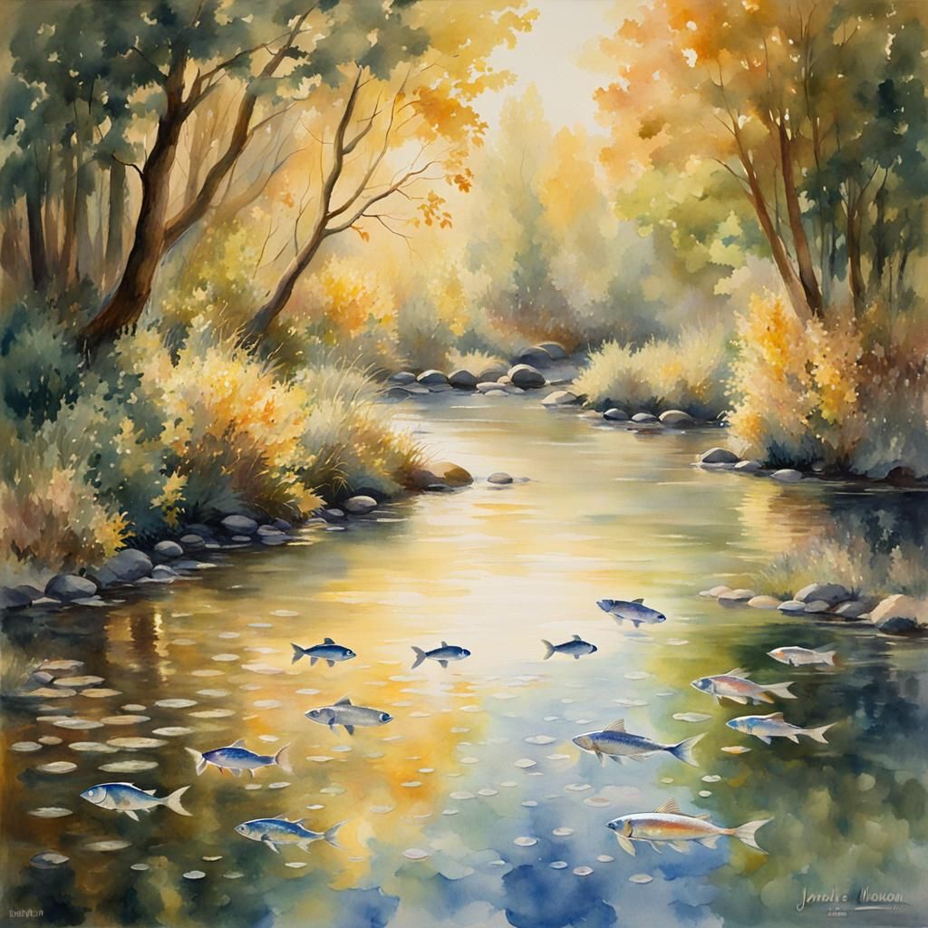 Iridescent Fish in Stream: Watercolor Impressionism