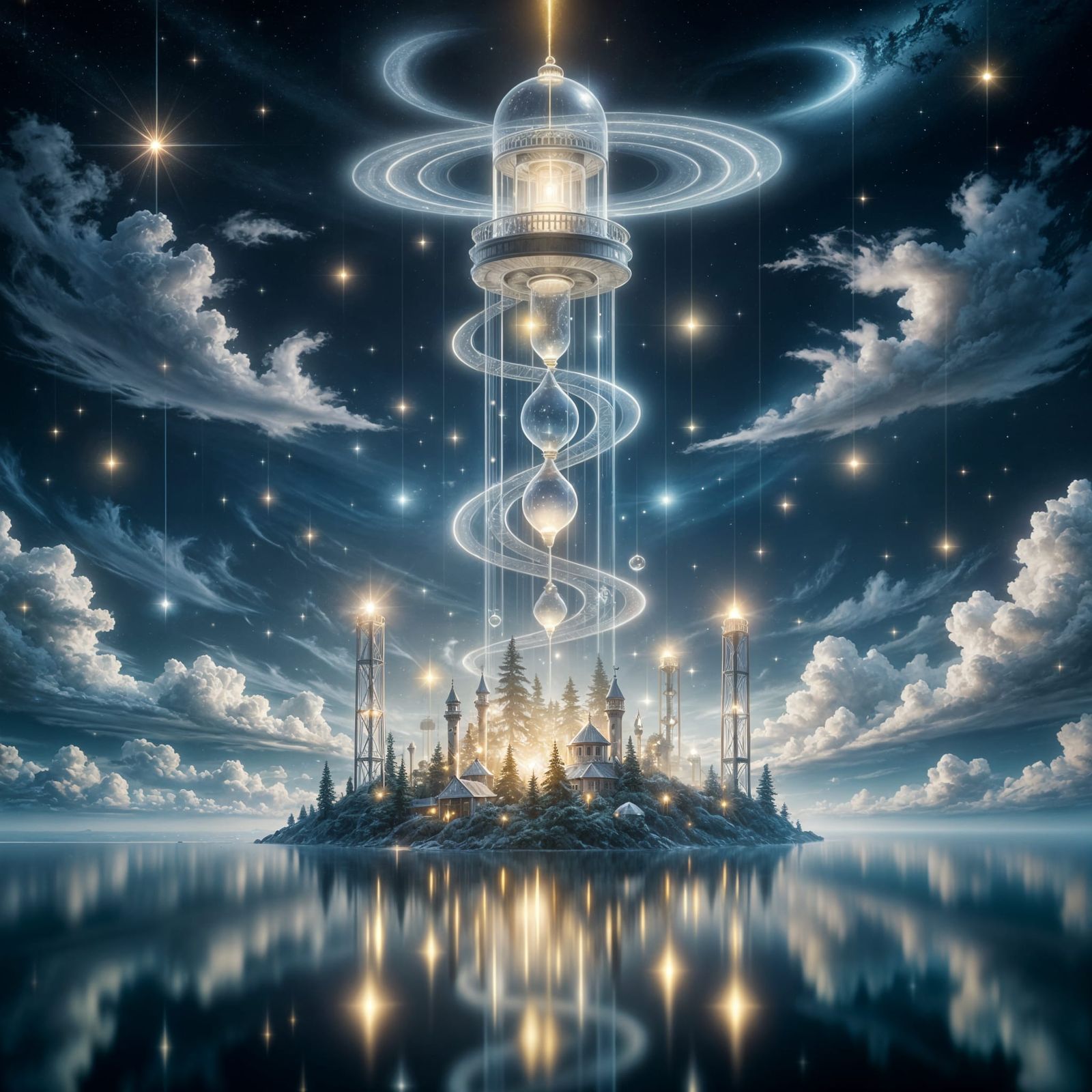 Glass Lighthouse in Night Sky with Glowing Islands