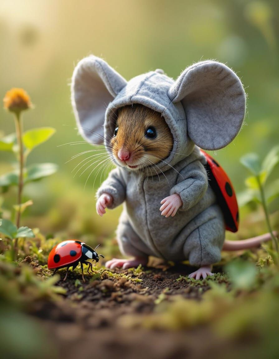 Mouse in Elephant Costume Intimidates Ladybug in Garden
