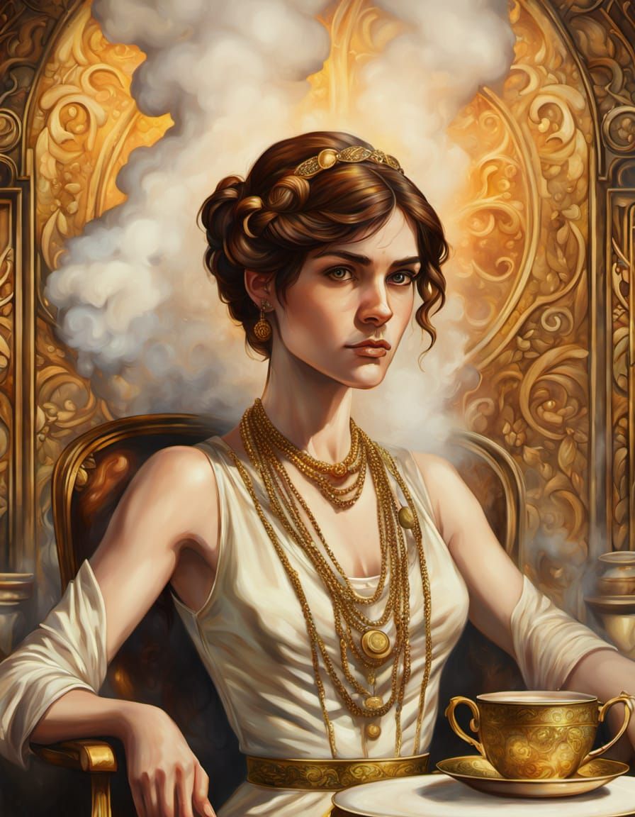 Woman in Steamy Kitchen: Vibrant Oil Painting