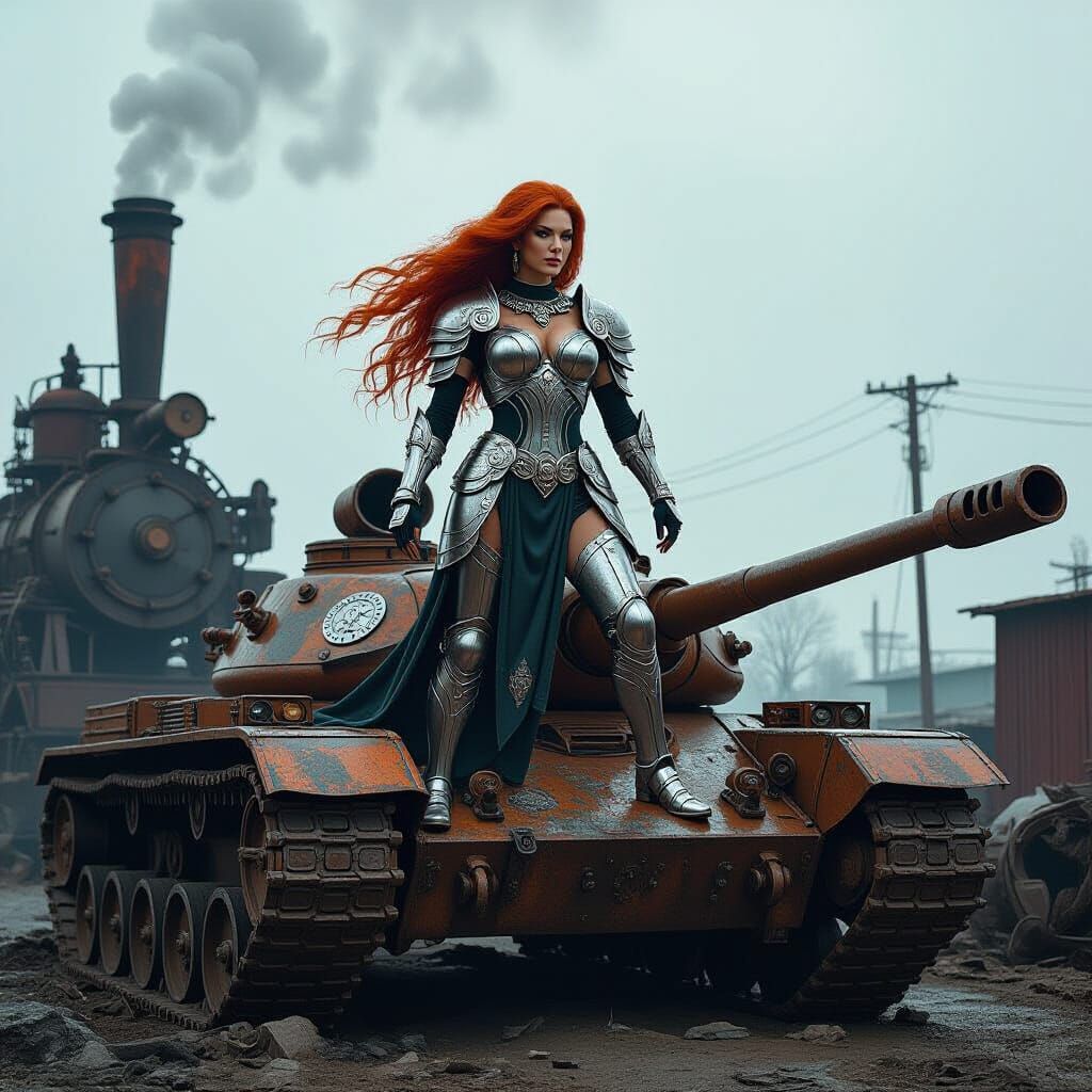 Mature Metal Goddess in Silver Armor on Tank