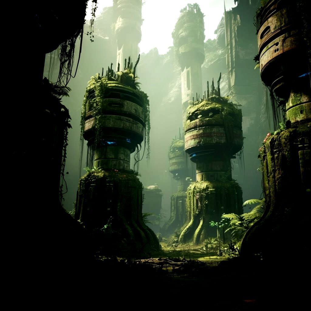An alien world without inhabitants, artistic technology towe...