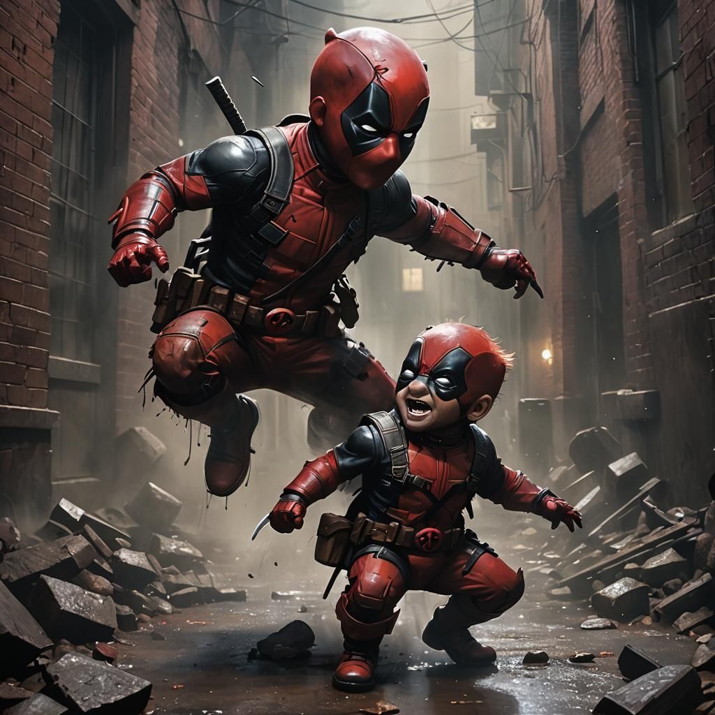 Baby Deadpool vs Baby Wolverine in Dark Alley