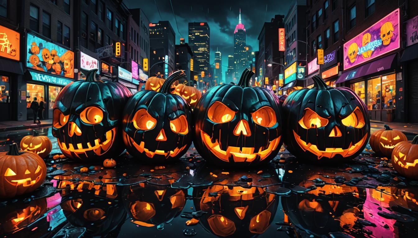 Vibrant Neon Cityscape Street Art with Skulls