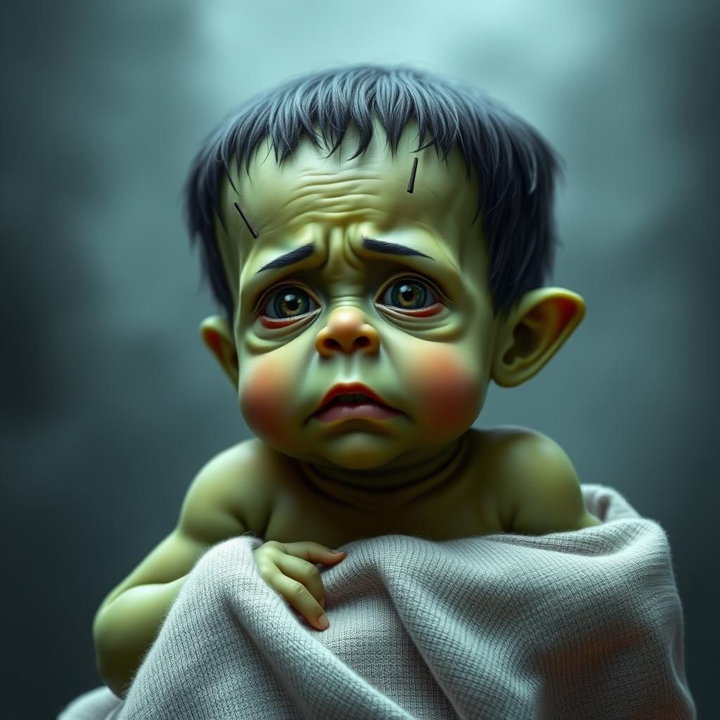 Frightened Baby Frankenstein in Photorealistic Horror Style