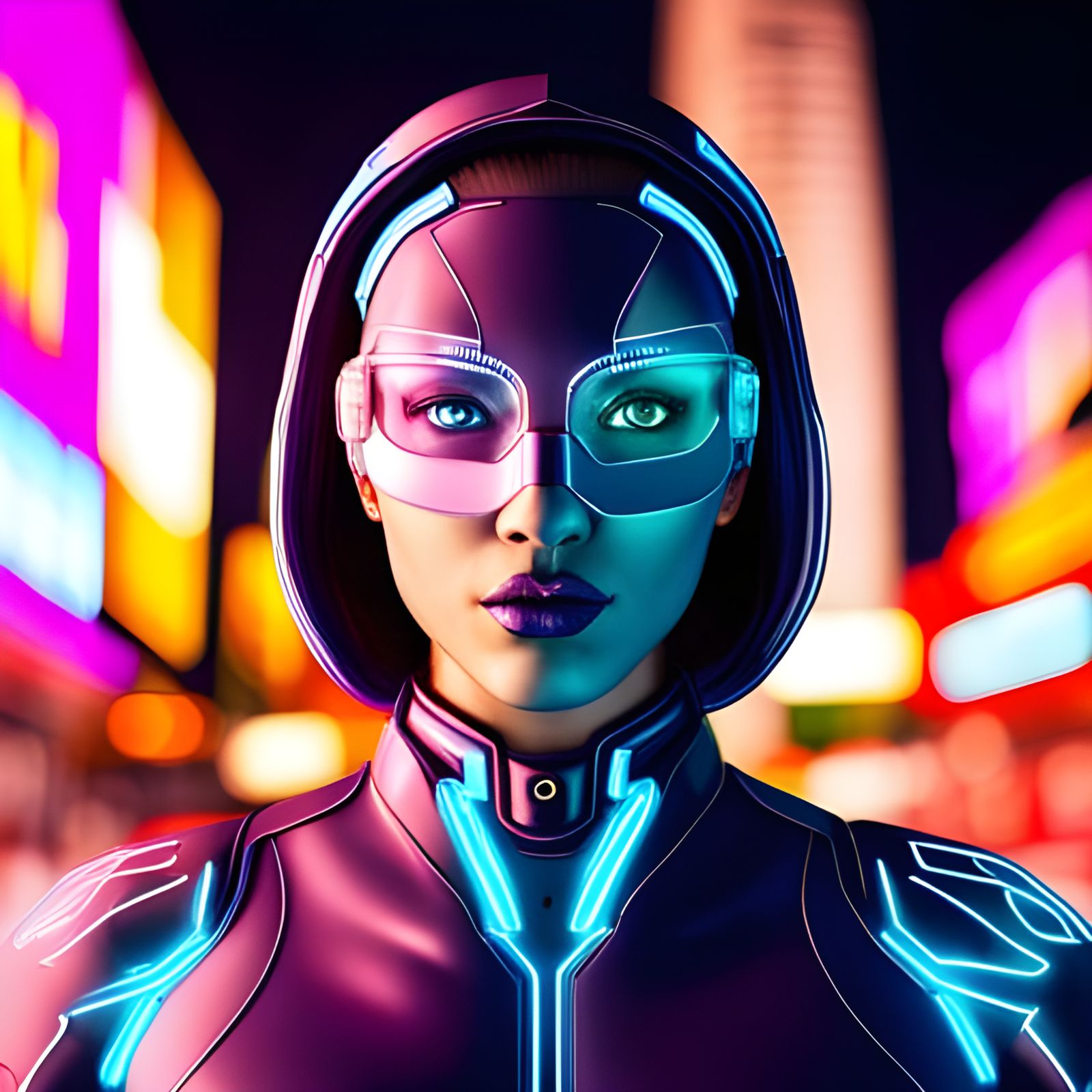 Cyborg Girl in Neon Cityscape: Hyperrealistic Portrait