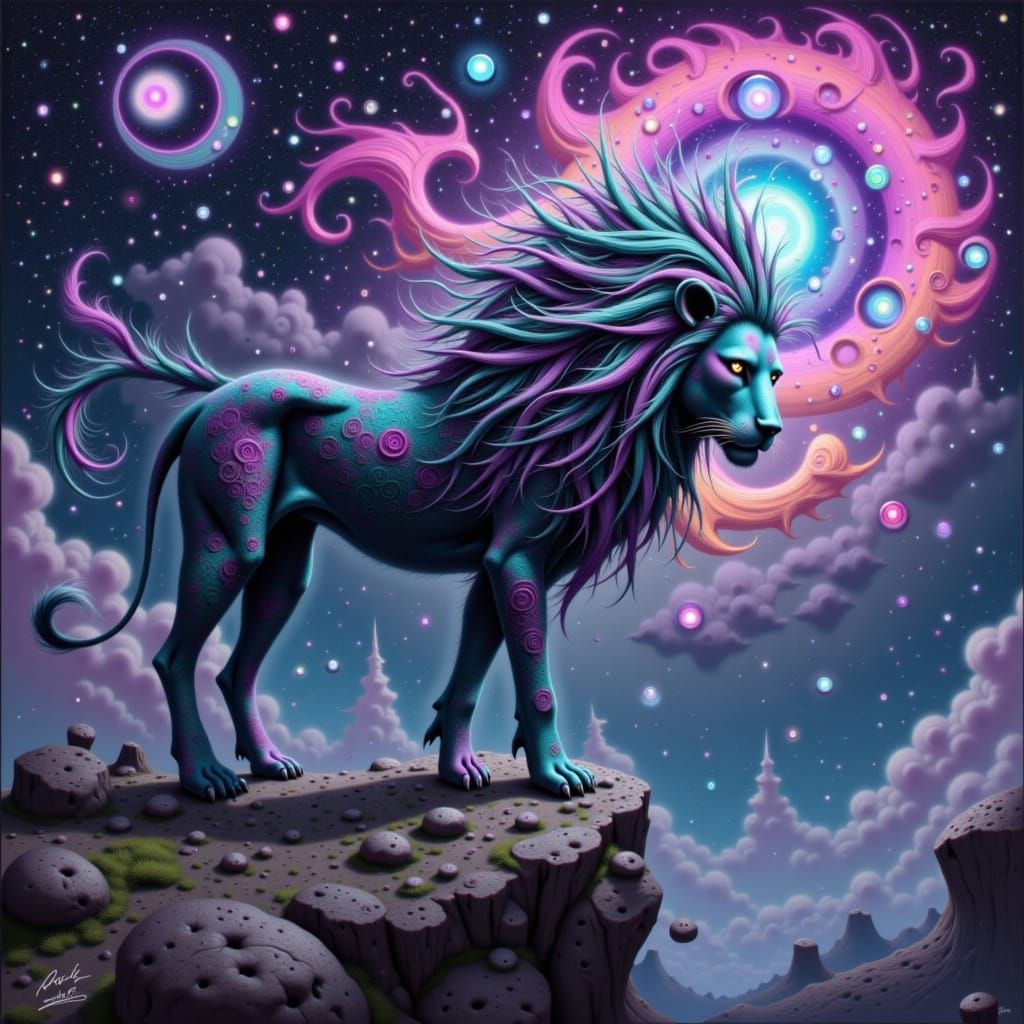 Lion with Starry Mane Overlooking Nebula, Digital Painting