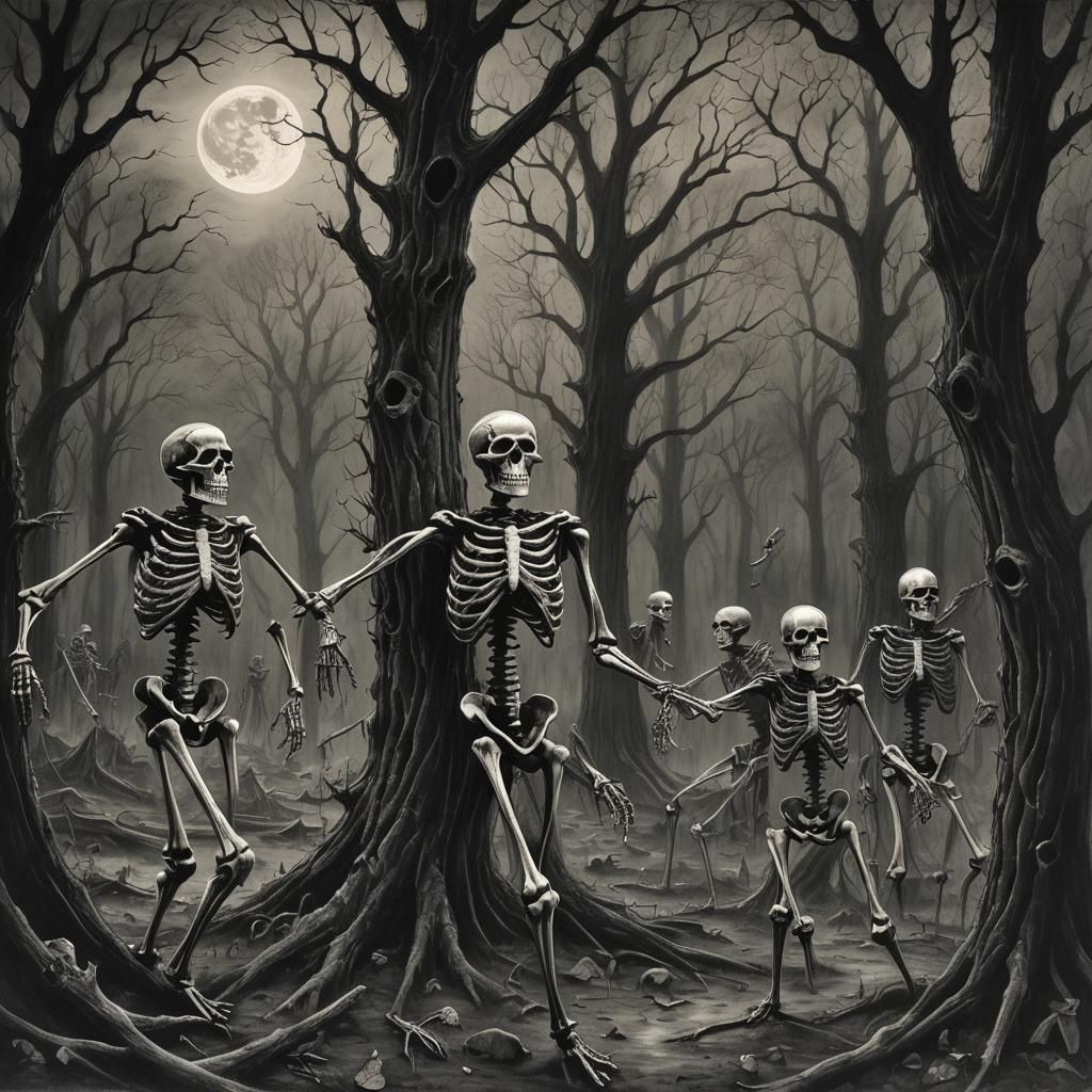 Skeletons Dance: A Charcoal Drawing in Gothic Horror Style