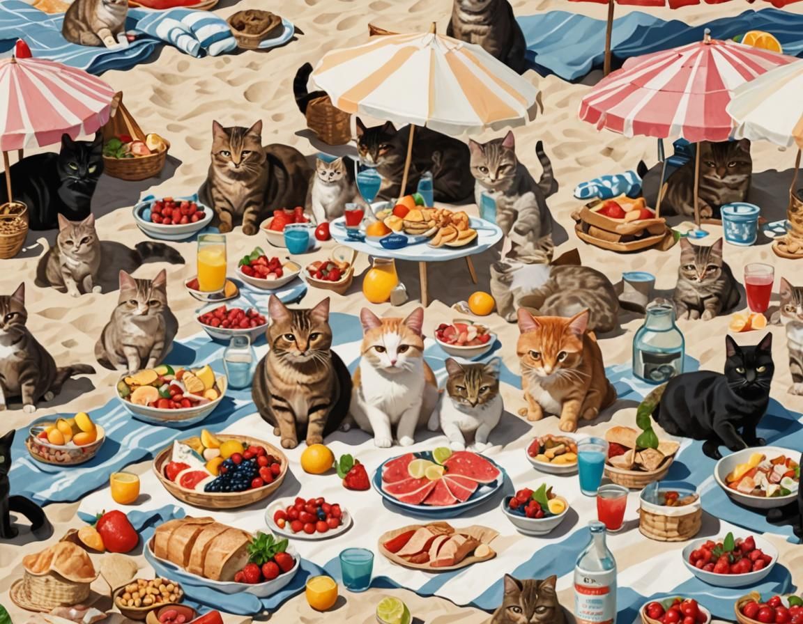 Cat Family Beach Picnic in Summer