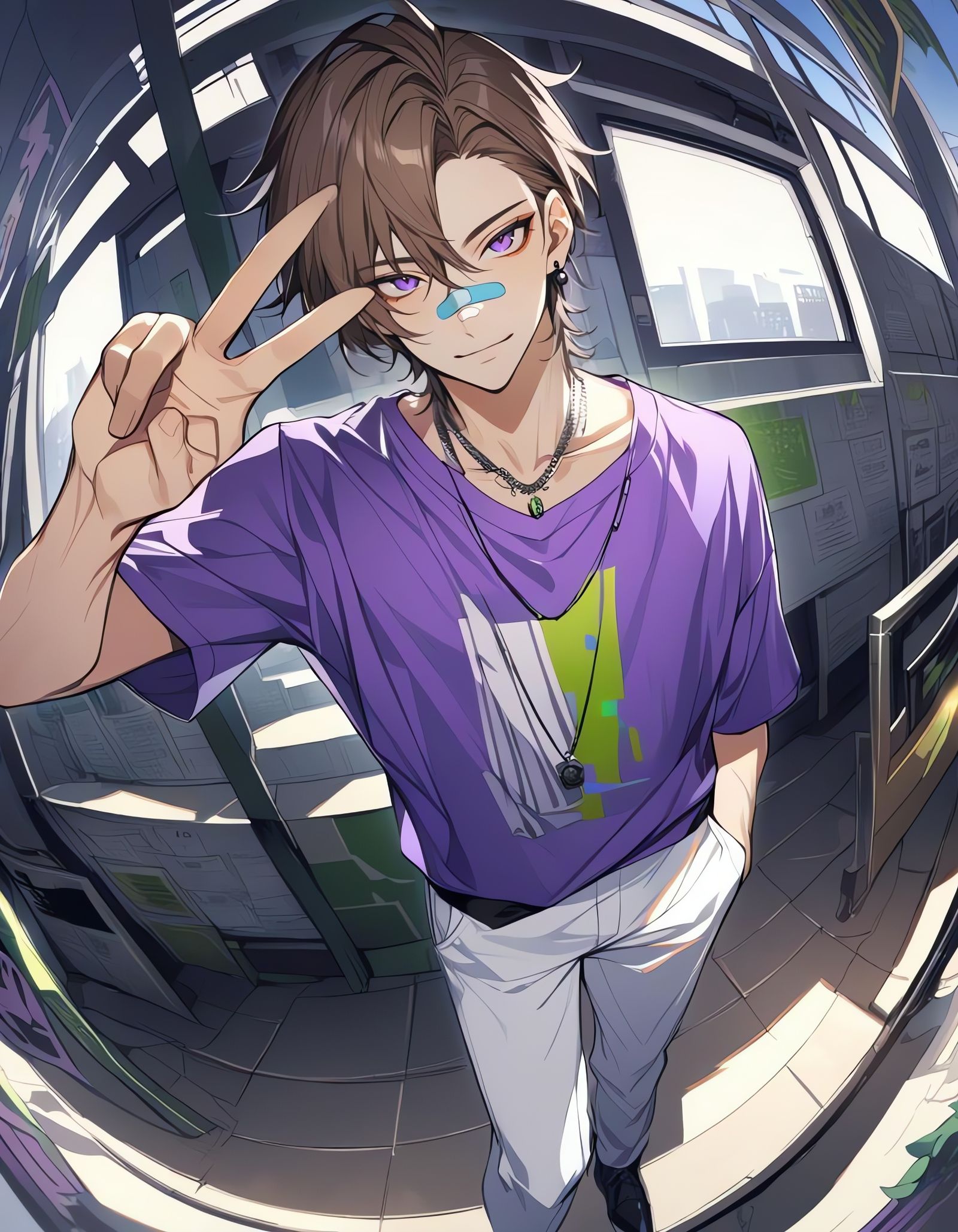 Bishounen in Cityscape with Purple and Green