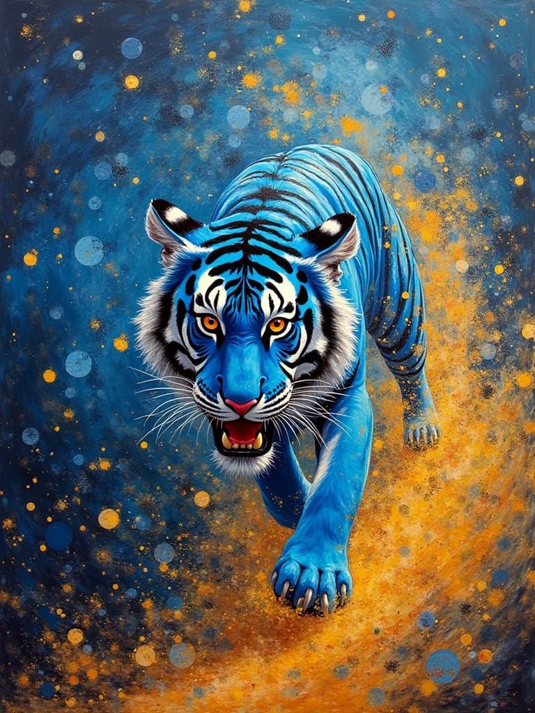 Blue Tiger in Cosmic Gold Dust, Neo-Impressionist Style