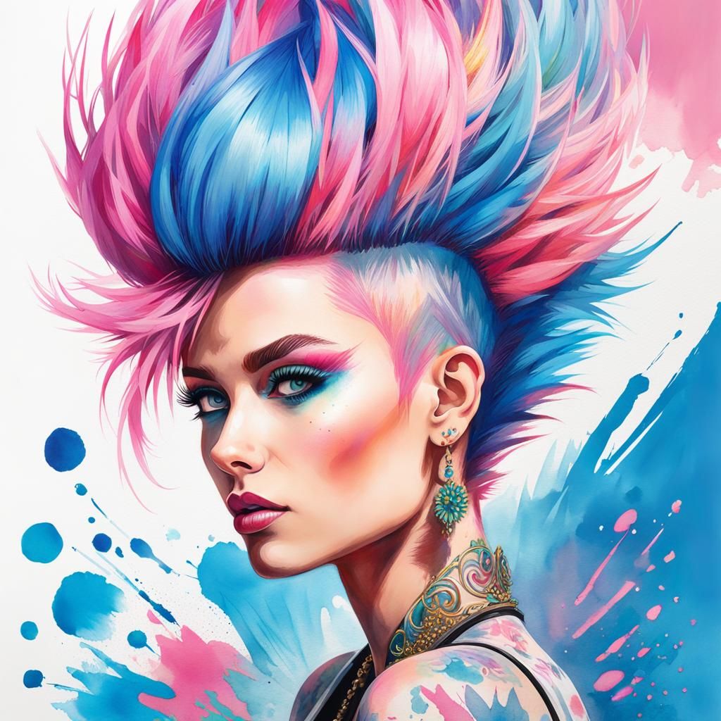Punk Girl Portrait with Pink and Blue Mohawk in Pop Art