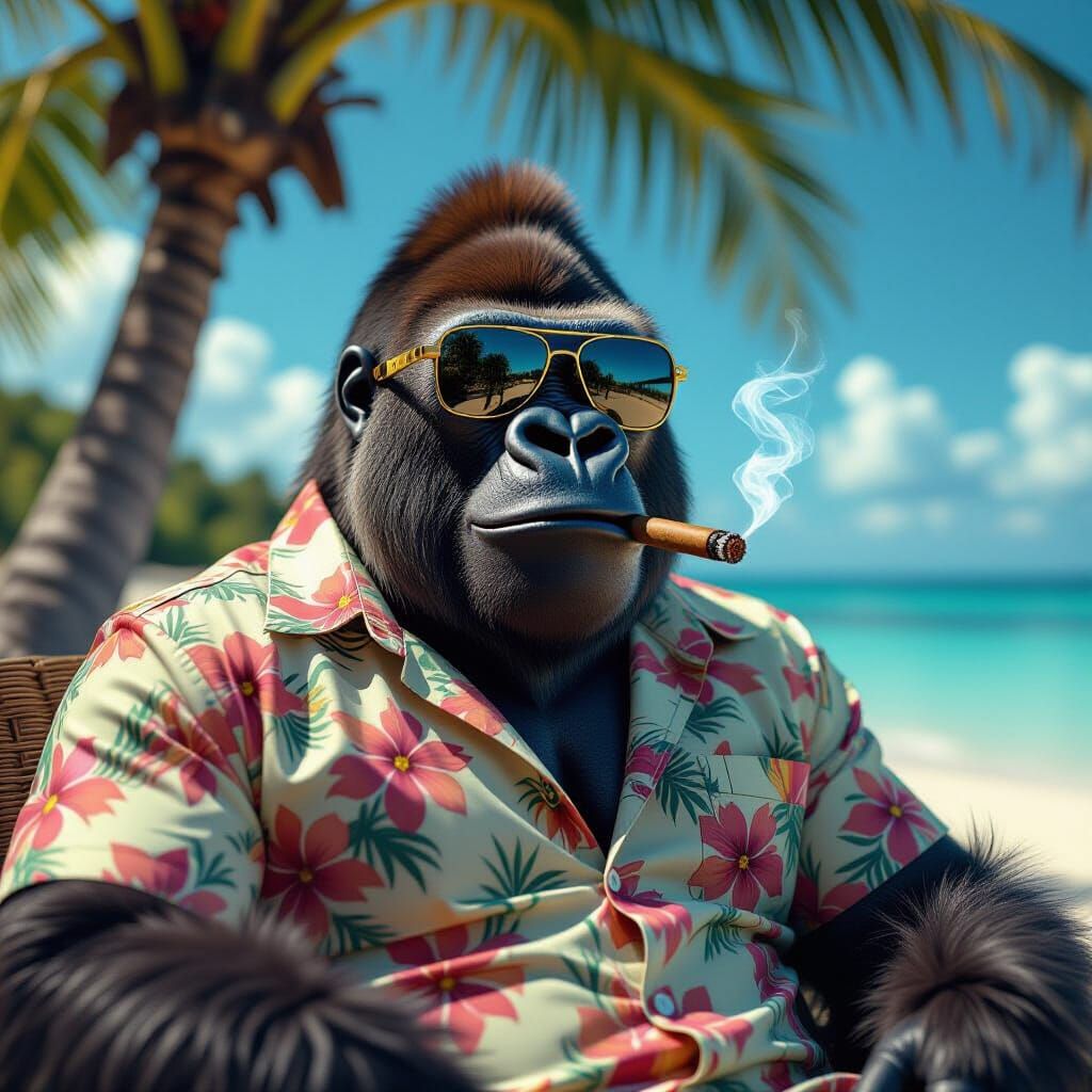 Cigar-Smoking Chrome Gorilla on Tropical Beach