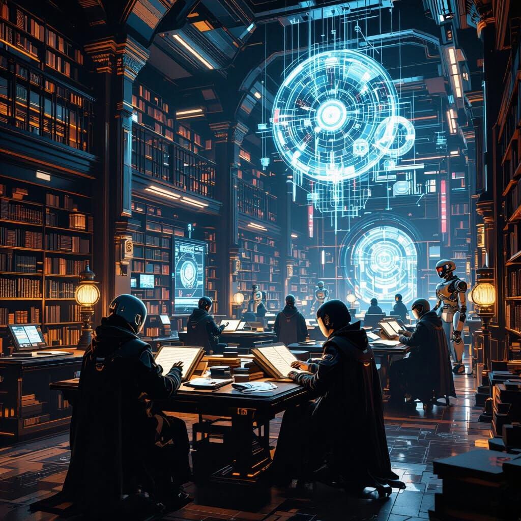Futuristic Library with Ancient Books and Holographic Displa...