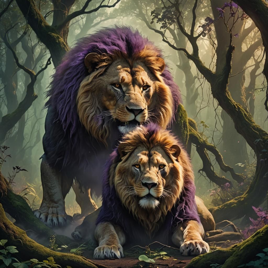 Mystical Forest Lion Attacks Bear: Fantasy Matte Painting