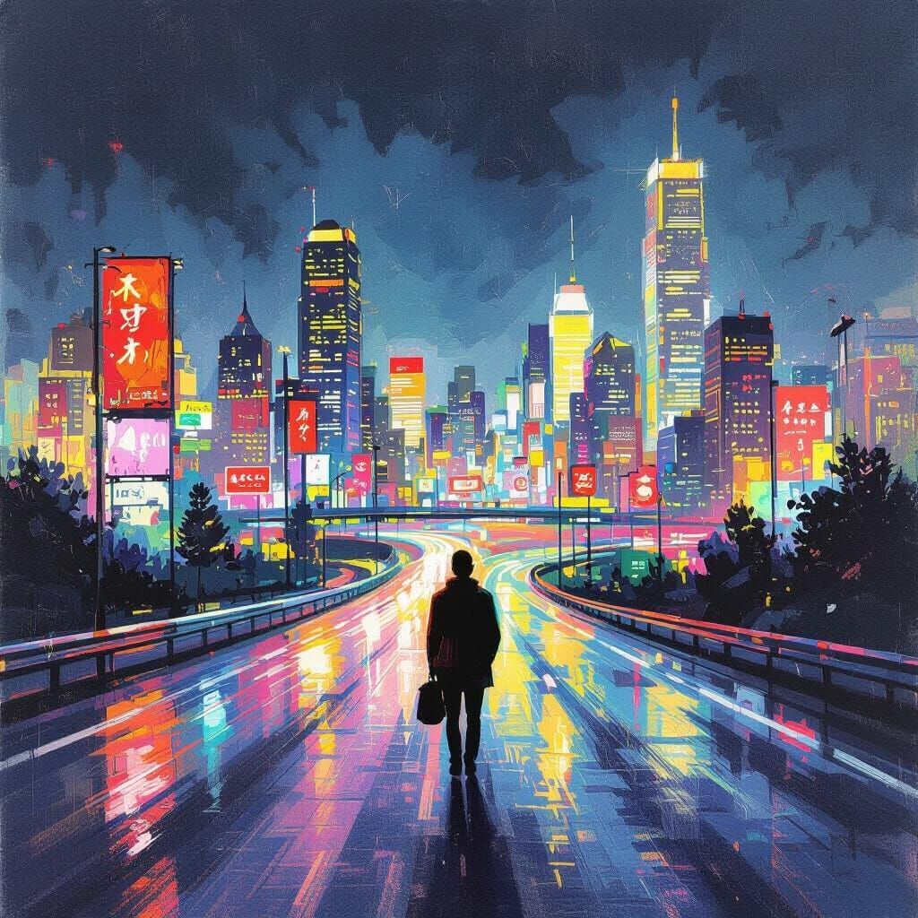 Lone Traveler on Highway with City Lights