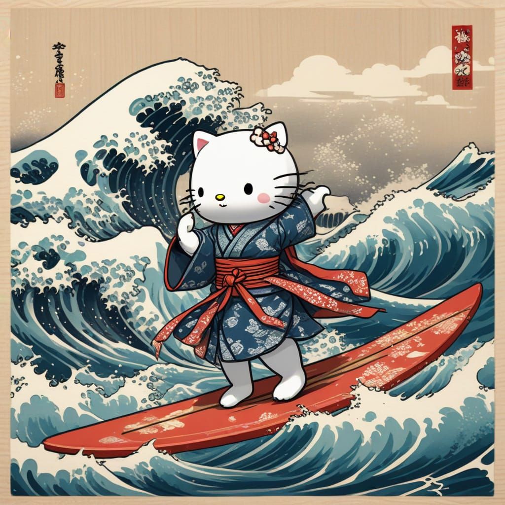 Hello Kitty Rides the Great Wave in Traditional Japanese Sty...