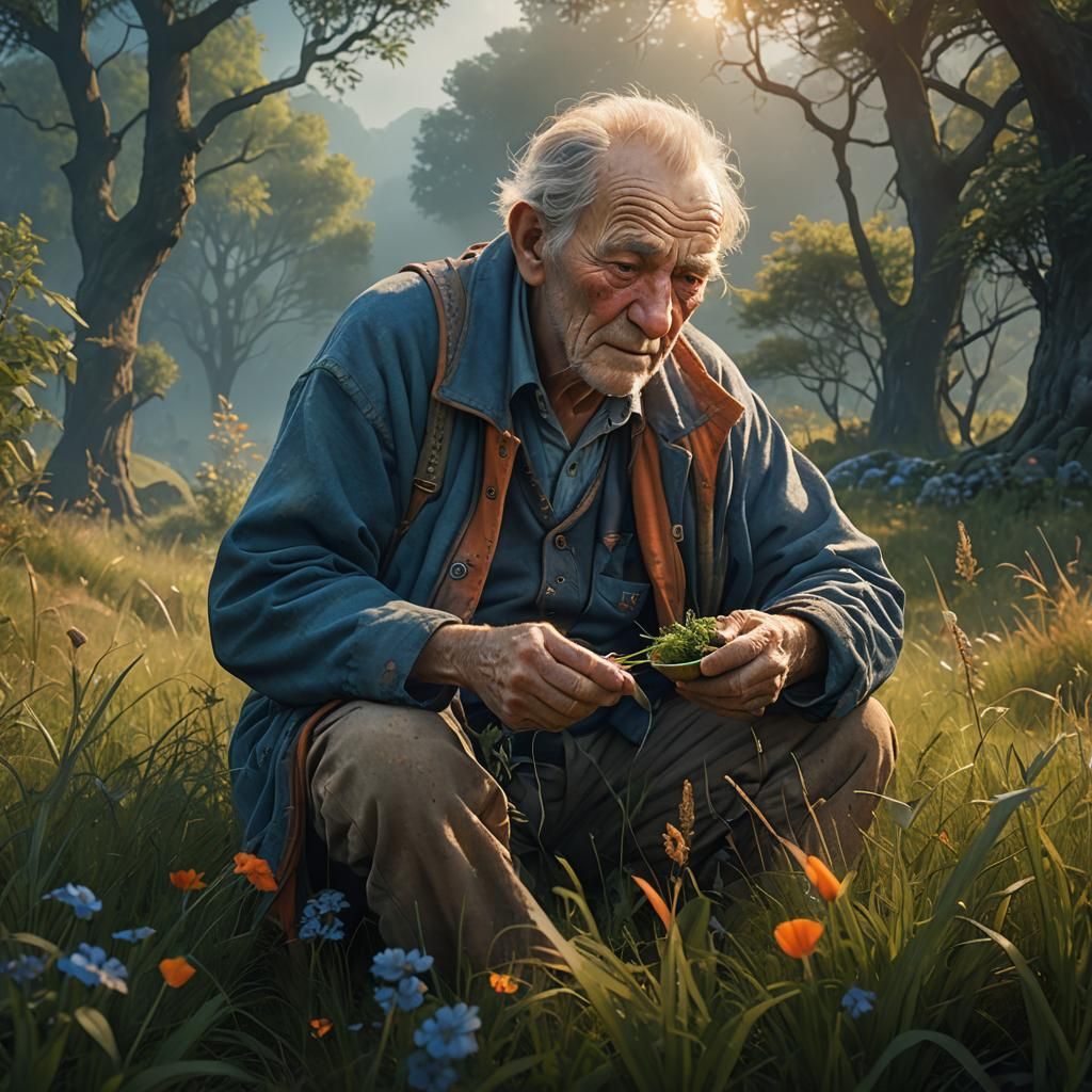 Elderly Man Eats Grass in Lush Meadow, Matte Painting