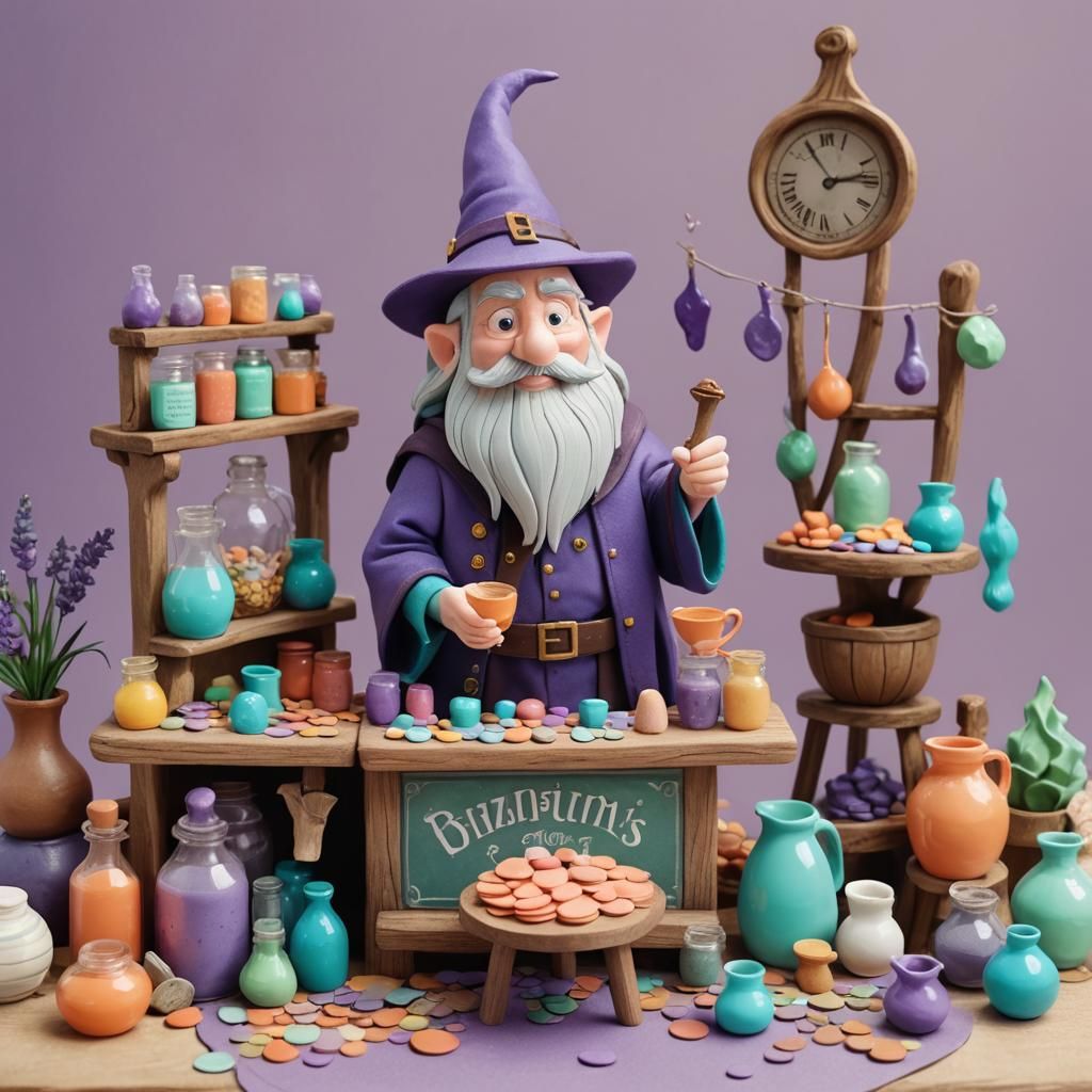 Cute Wizard at Potion Stand in Claymation Style