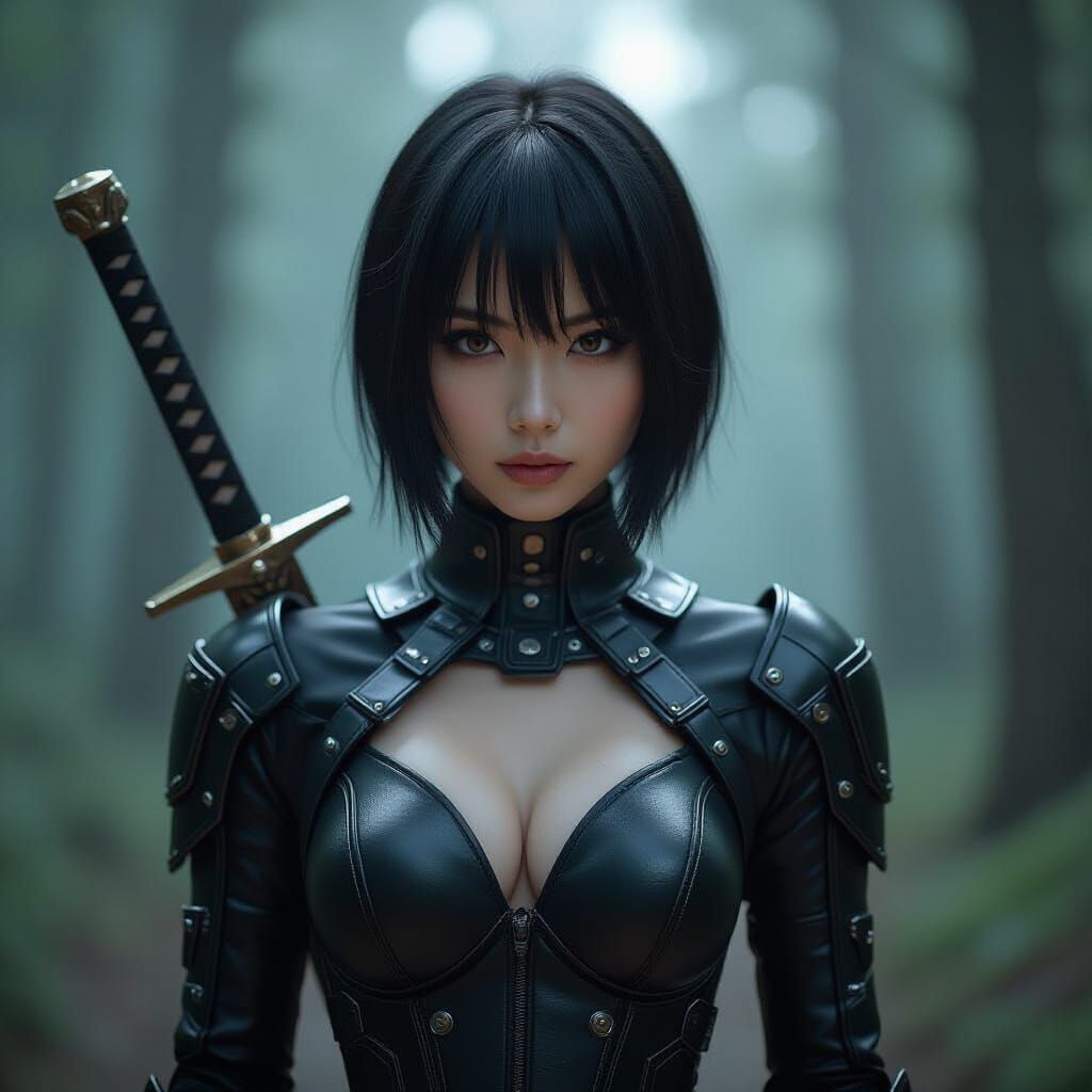 Cyberpunk Asian Woman with Sword in Dark Forest