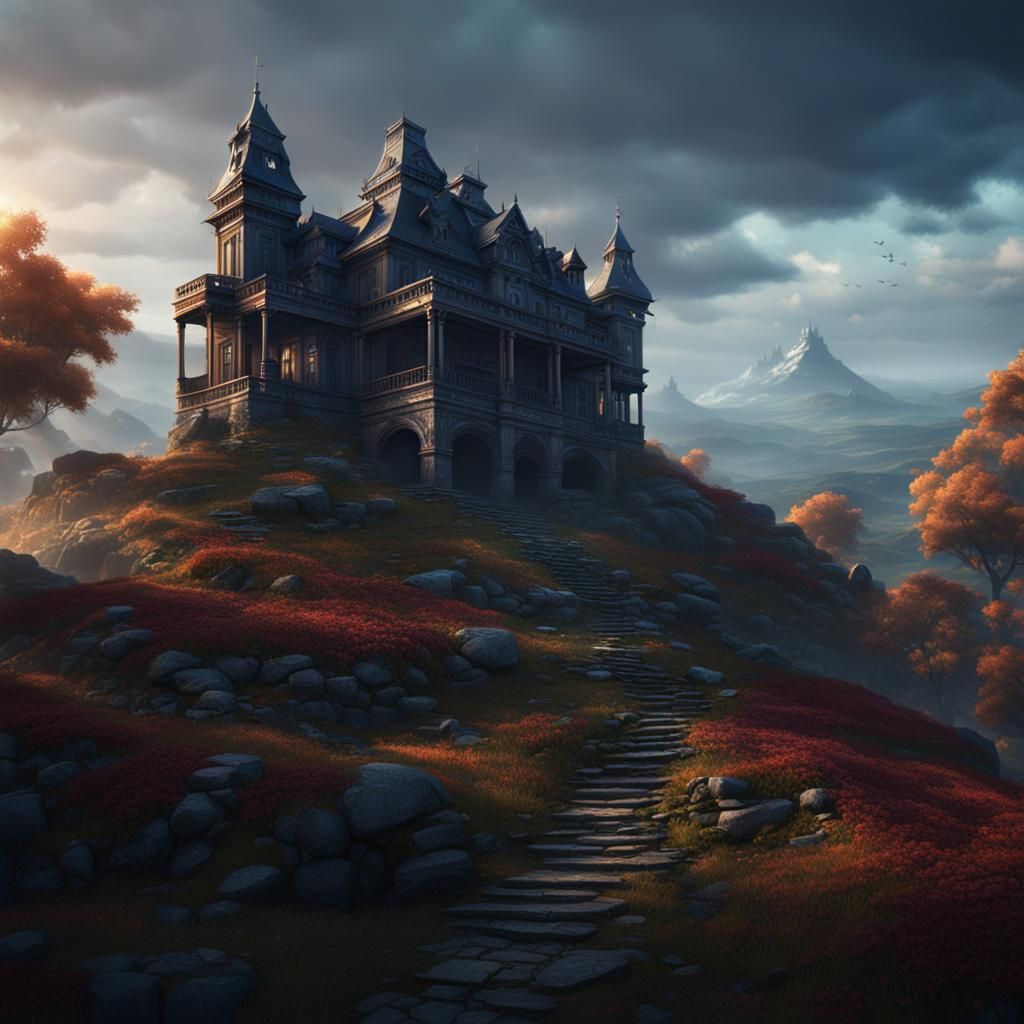 Mysterious Hillside Mansion: Fantasy Concept Art