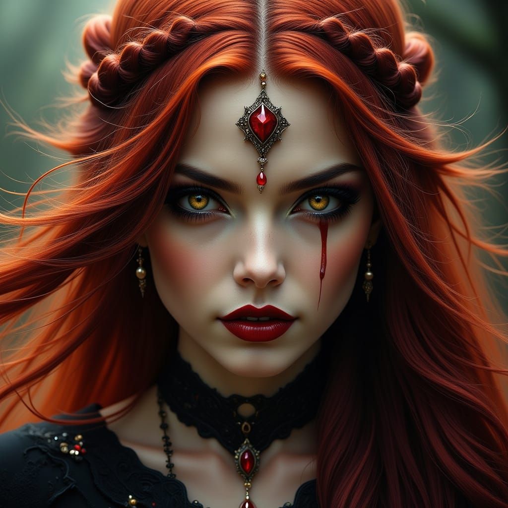 Dark-Red Haired Evil Sorceress in Hyperreal Portrait