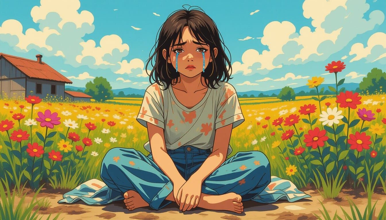 Homeless Girl Surrounded by Flowers in Dreamy Art Style