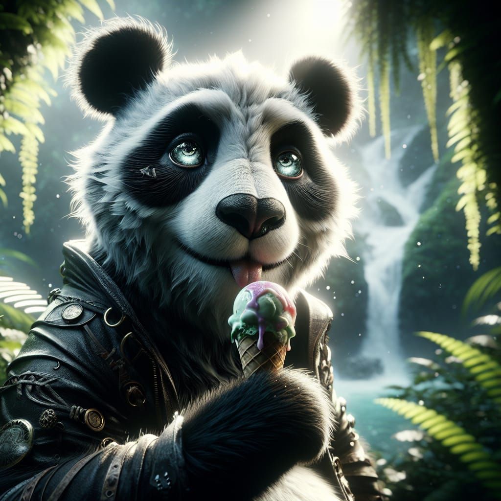 Panda Portrait Enjoying Ice Cream in Rainforest