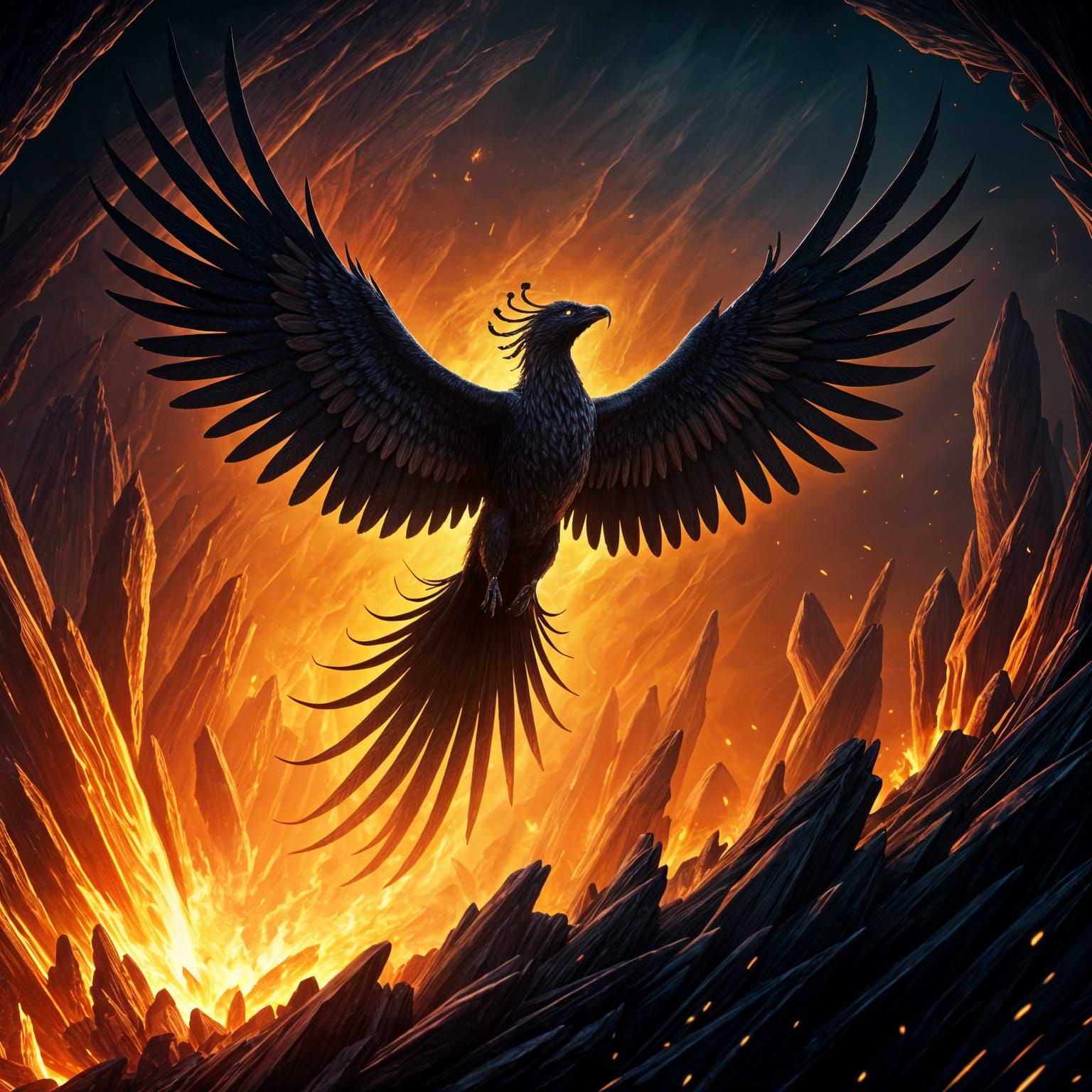 Phoenix Silhouette in Burning Sky: Digital Art