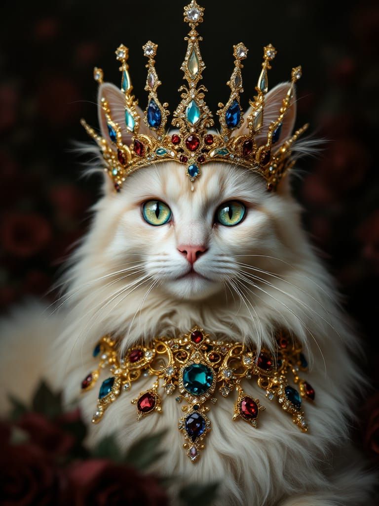 Elegant Pearly Cat Queen in Ornate Tiara