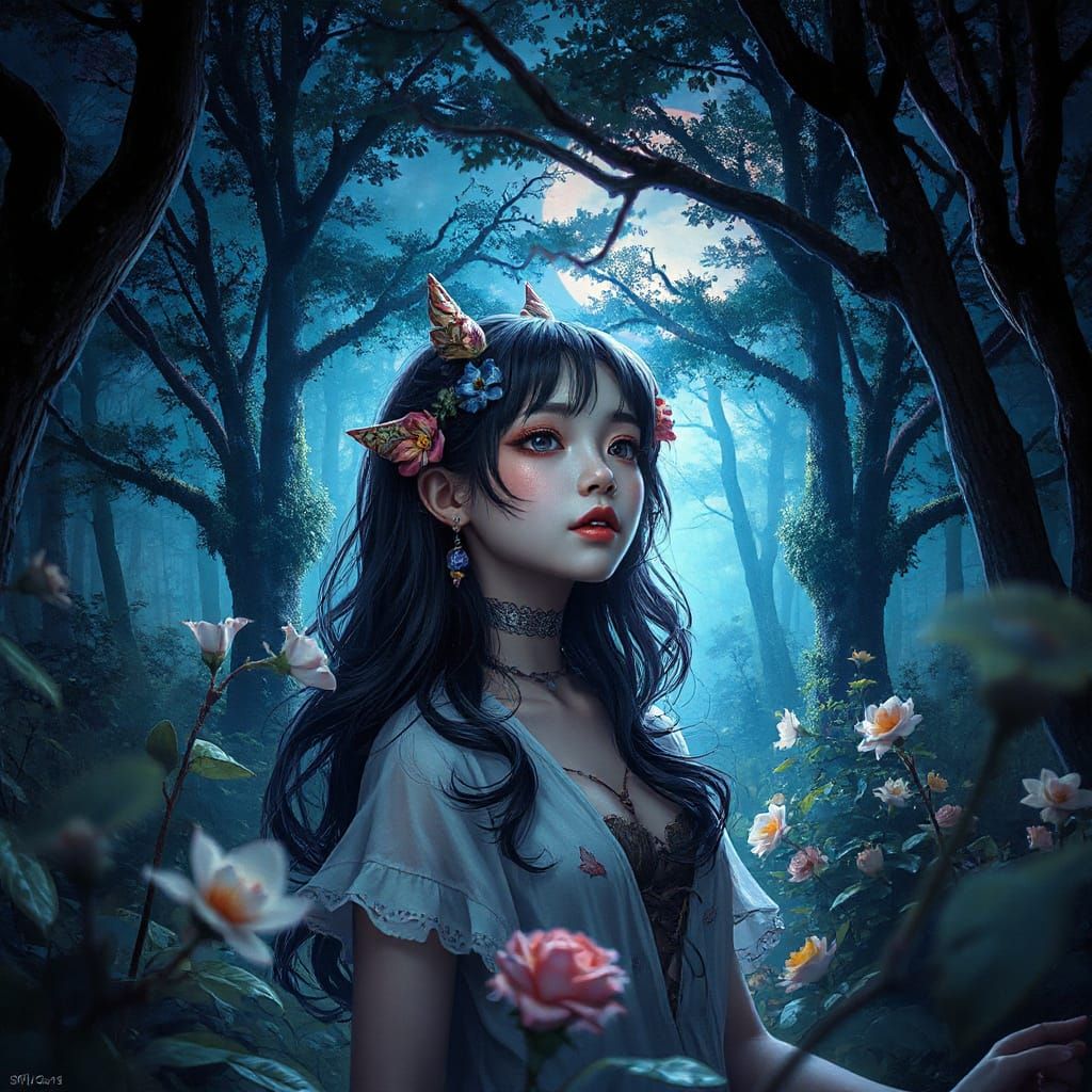 Mystical Anime Woman in Enchanted Forest