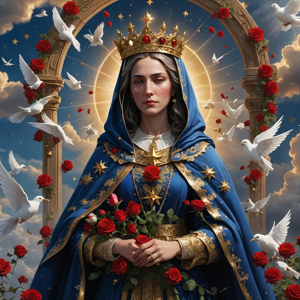 Our Lady of Sorrows with Doves in Radiant Sky