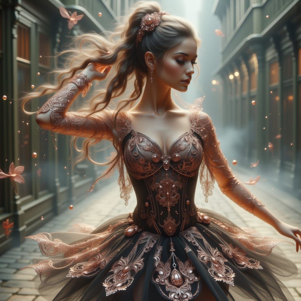 Ballerina in Fantastical Lace Outfit, Black and White with G...