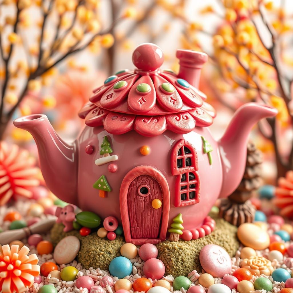 Whimsical Teapot Abode in a Colorful Candy Realm