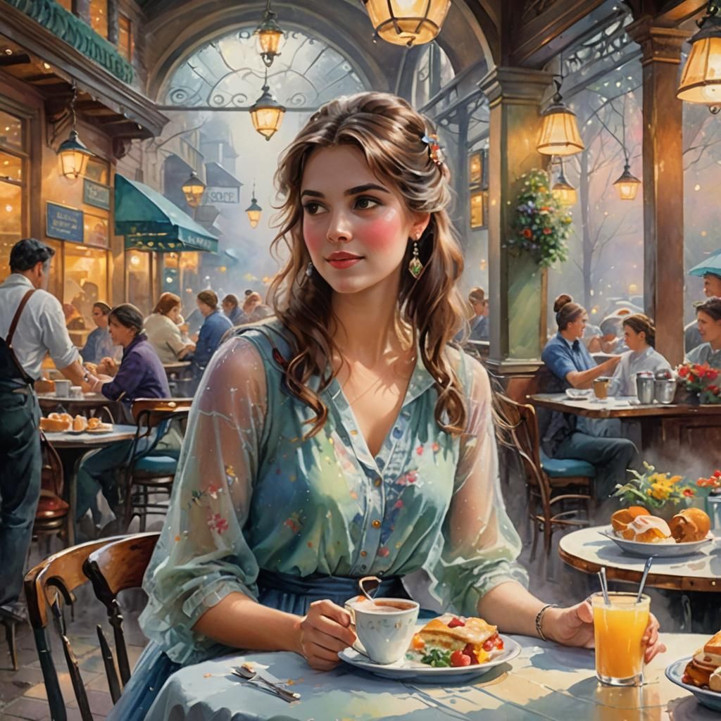 Woman in Cafe: Watercolor Impressionist Painting