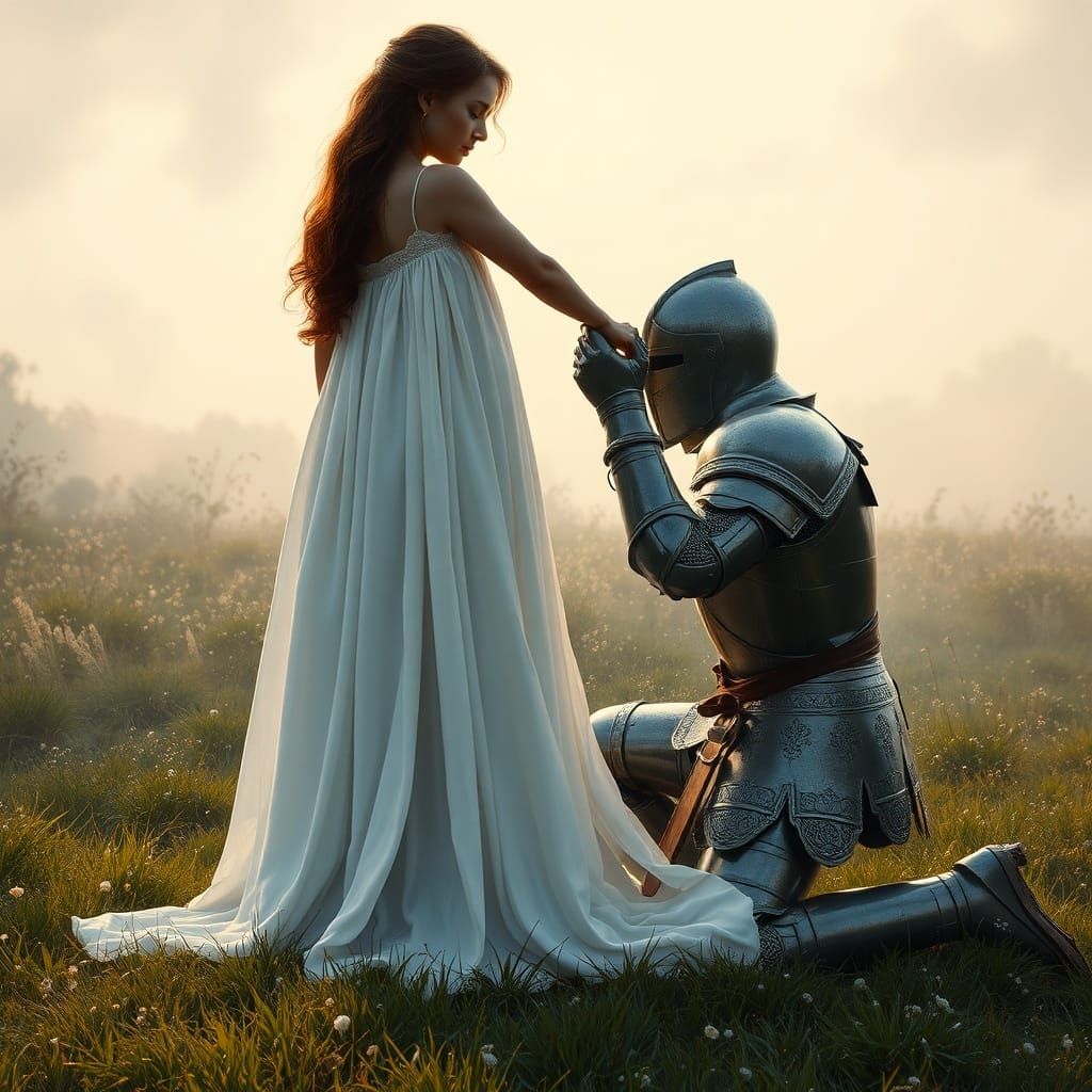 Knight Holding Hands with Woman in White Dress at Dawn